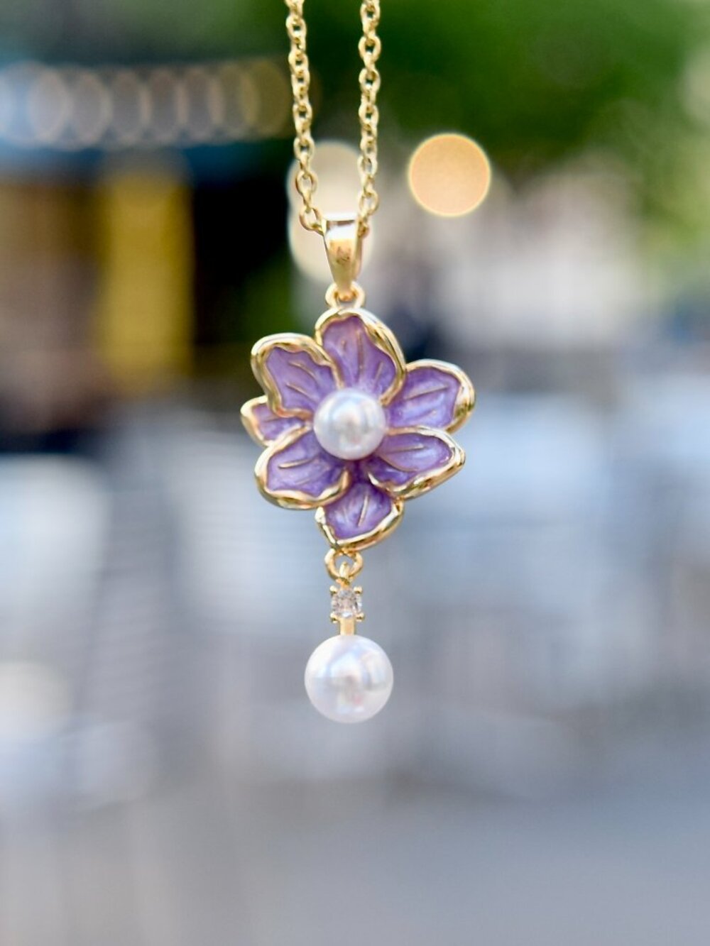 Purple Flower Pearl Charm Necklace - Stainless Steel Chain
